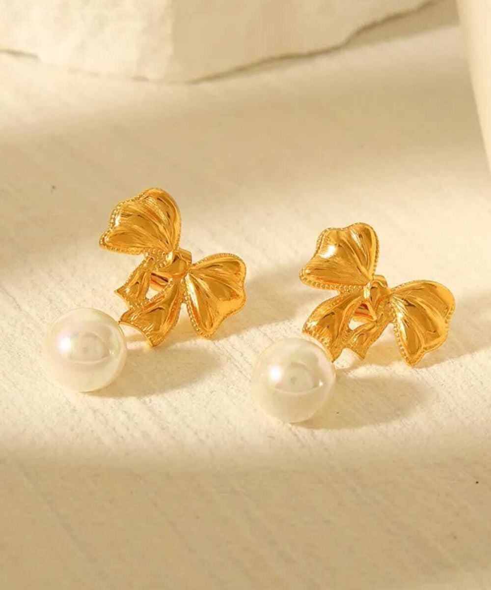 Gold Bow Pearl Drop Earrings