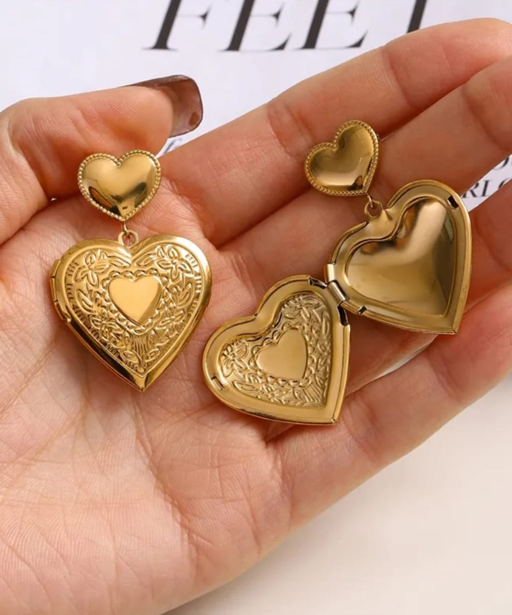 Double Heart Gold Drop Earrings