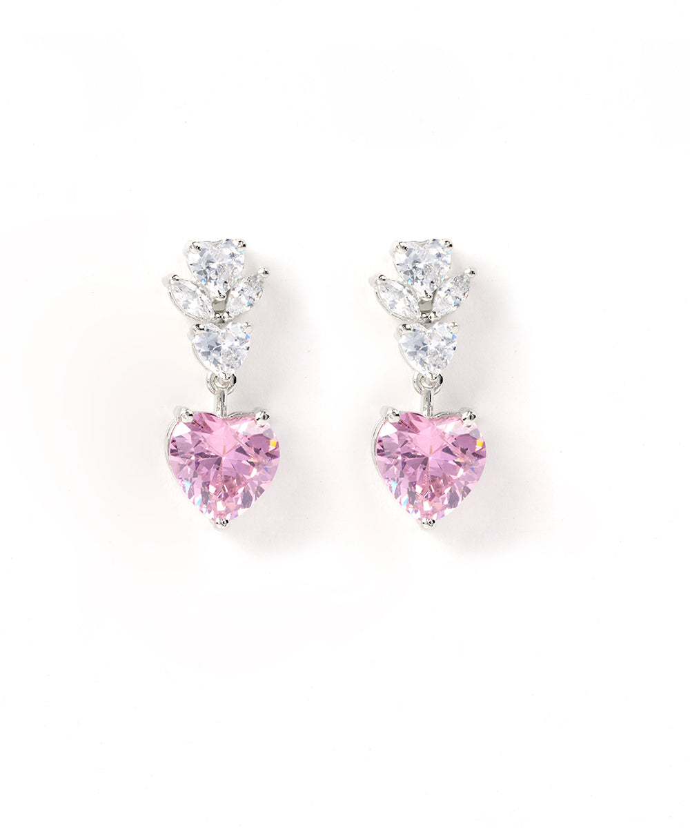Diamond & Pink Heart Drop Earrings