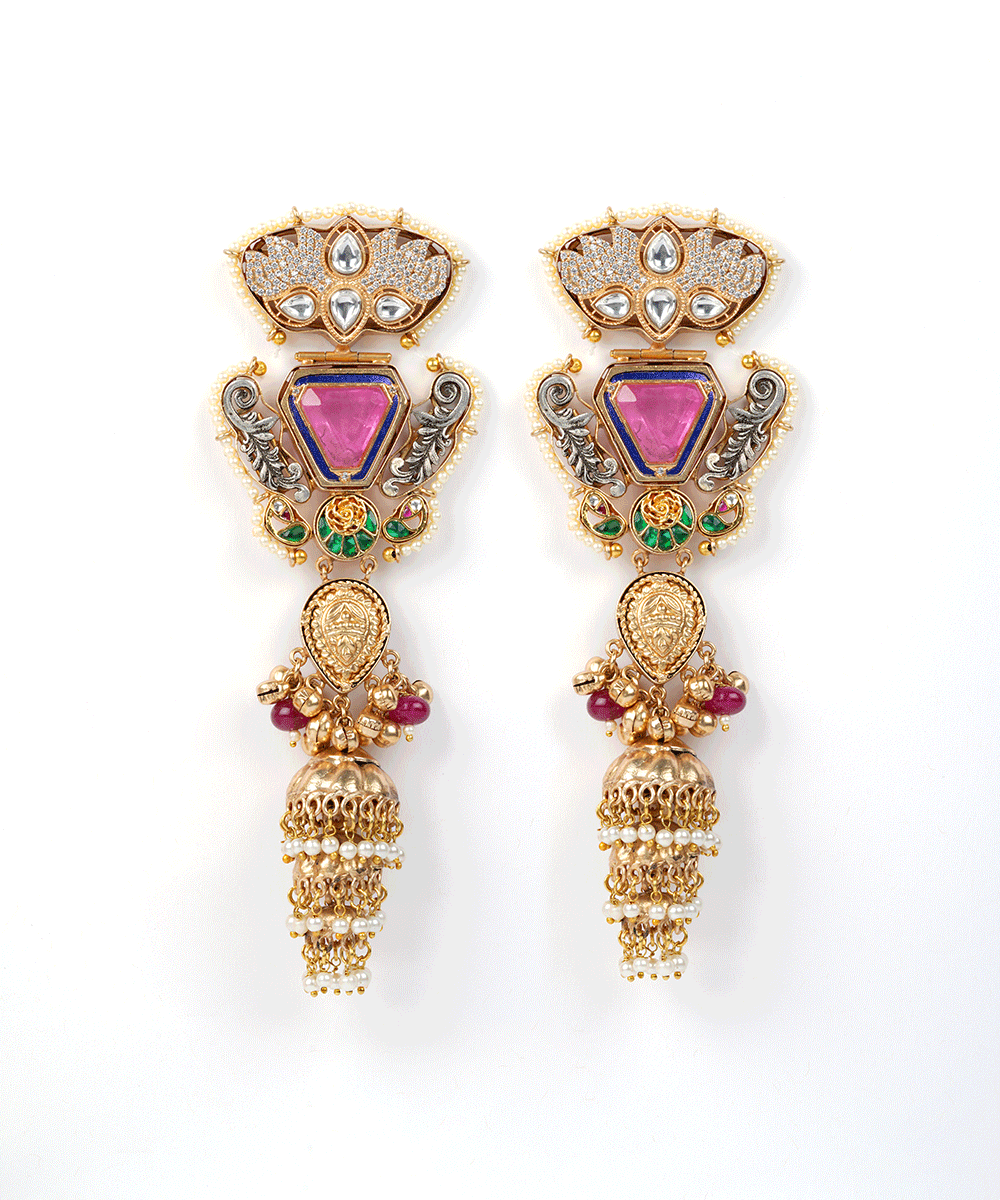 Royal Double Layer Kundan Jhumka Earrings with Green Bead Drops