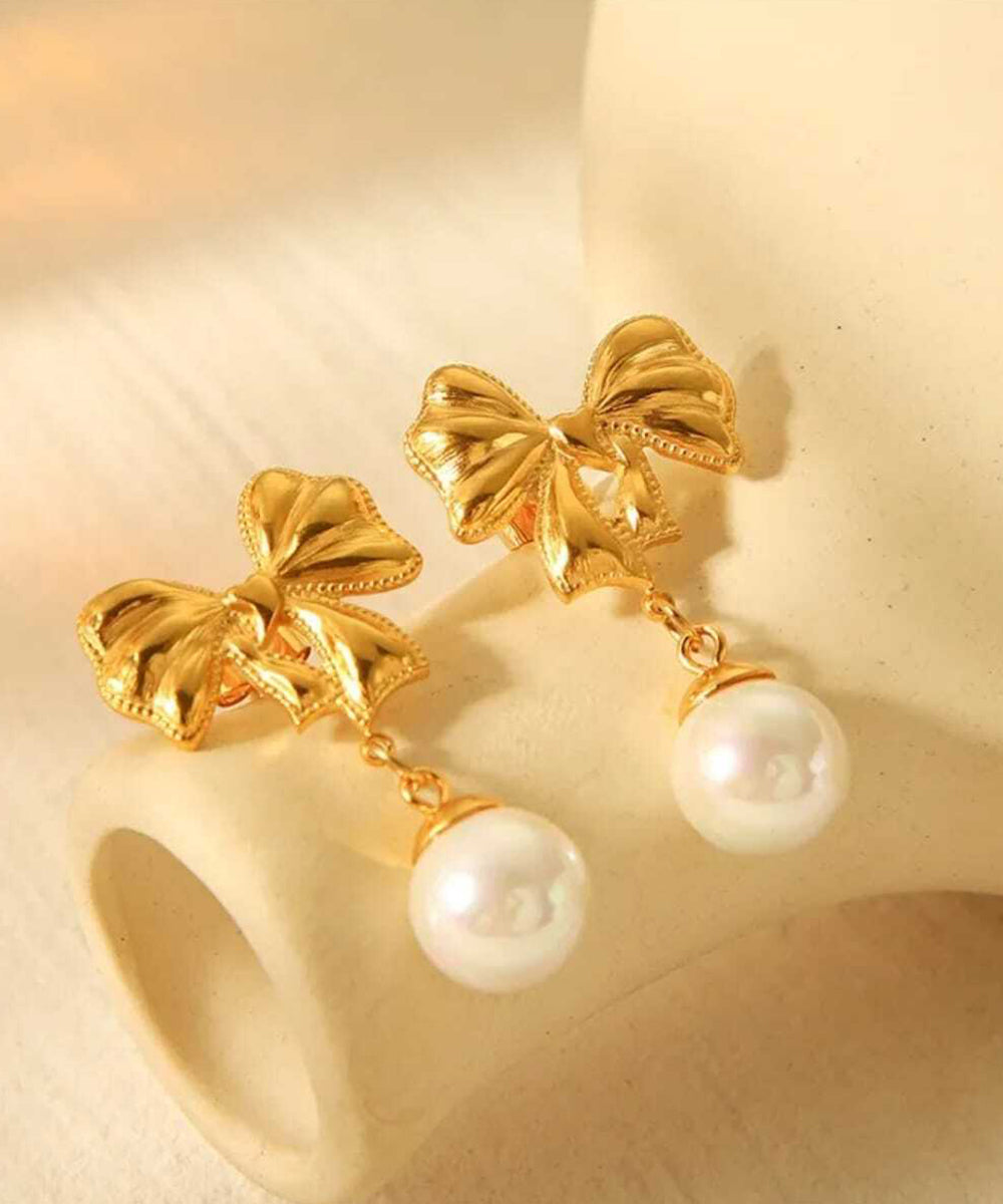 Gold Bow Pearl Drop Earrings