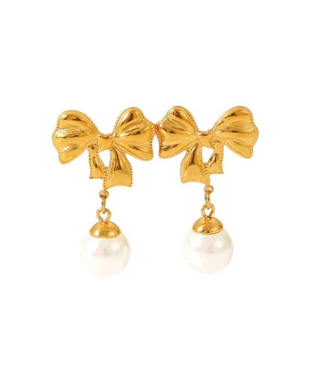 Gold Bow Pearl Drop Earrings