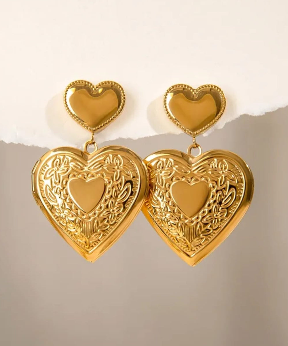 Double Heart Gold Drop Earrings