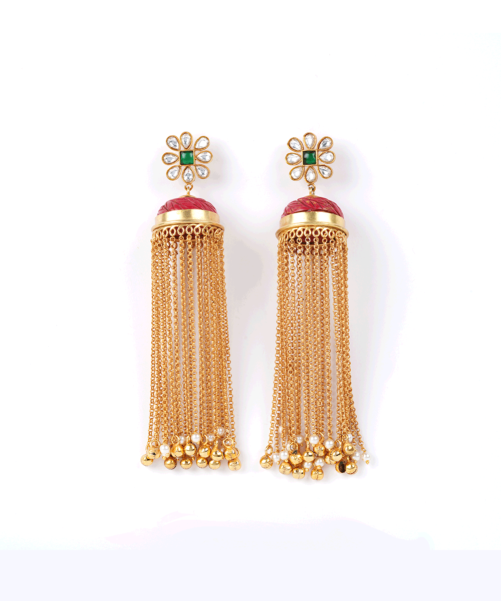 Red Kundan Tassel Jhumka Earrings