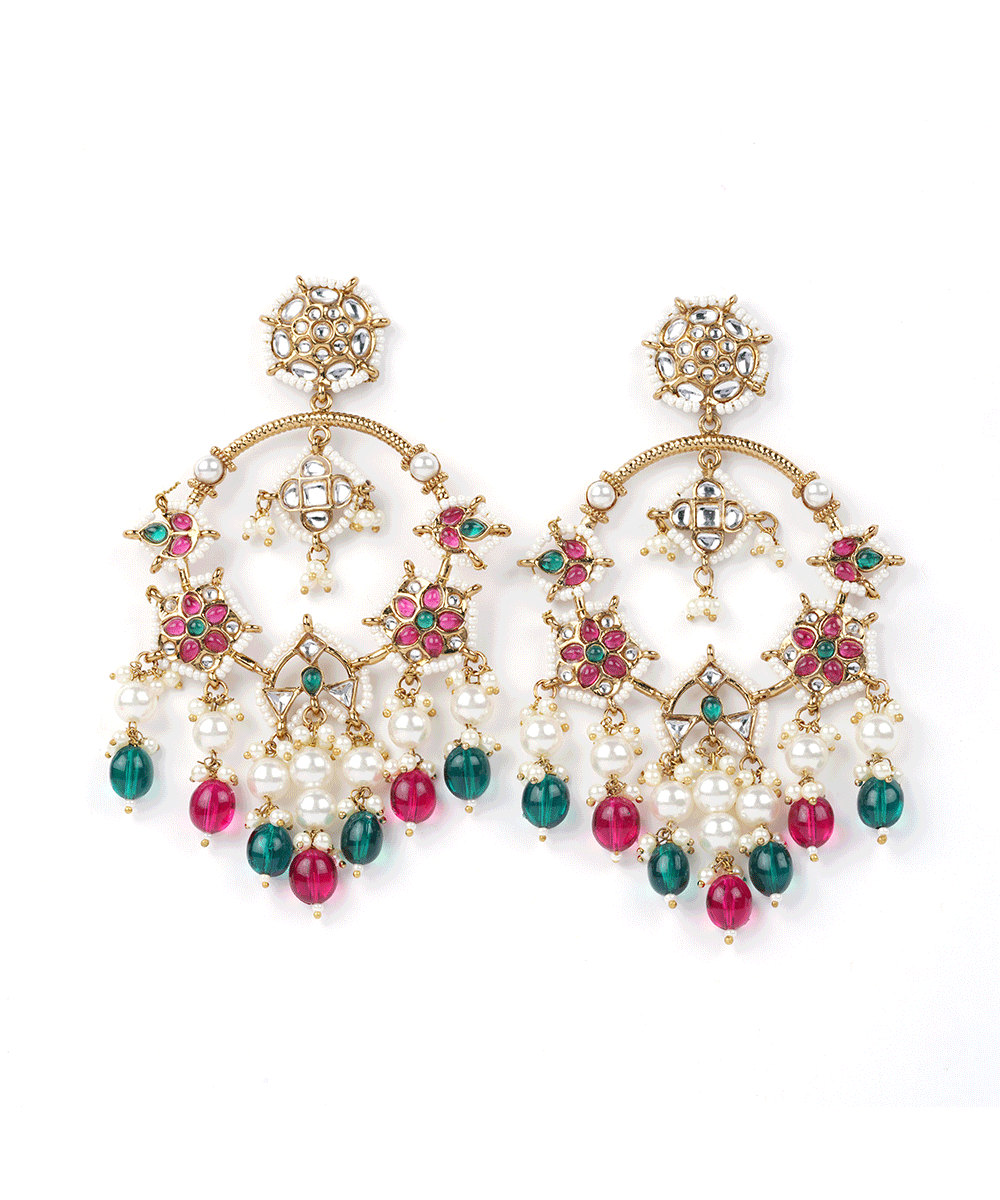 Pearl Hoop Earrings with Red & Green Bead Drops
