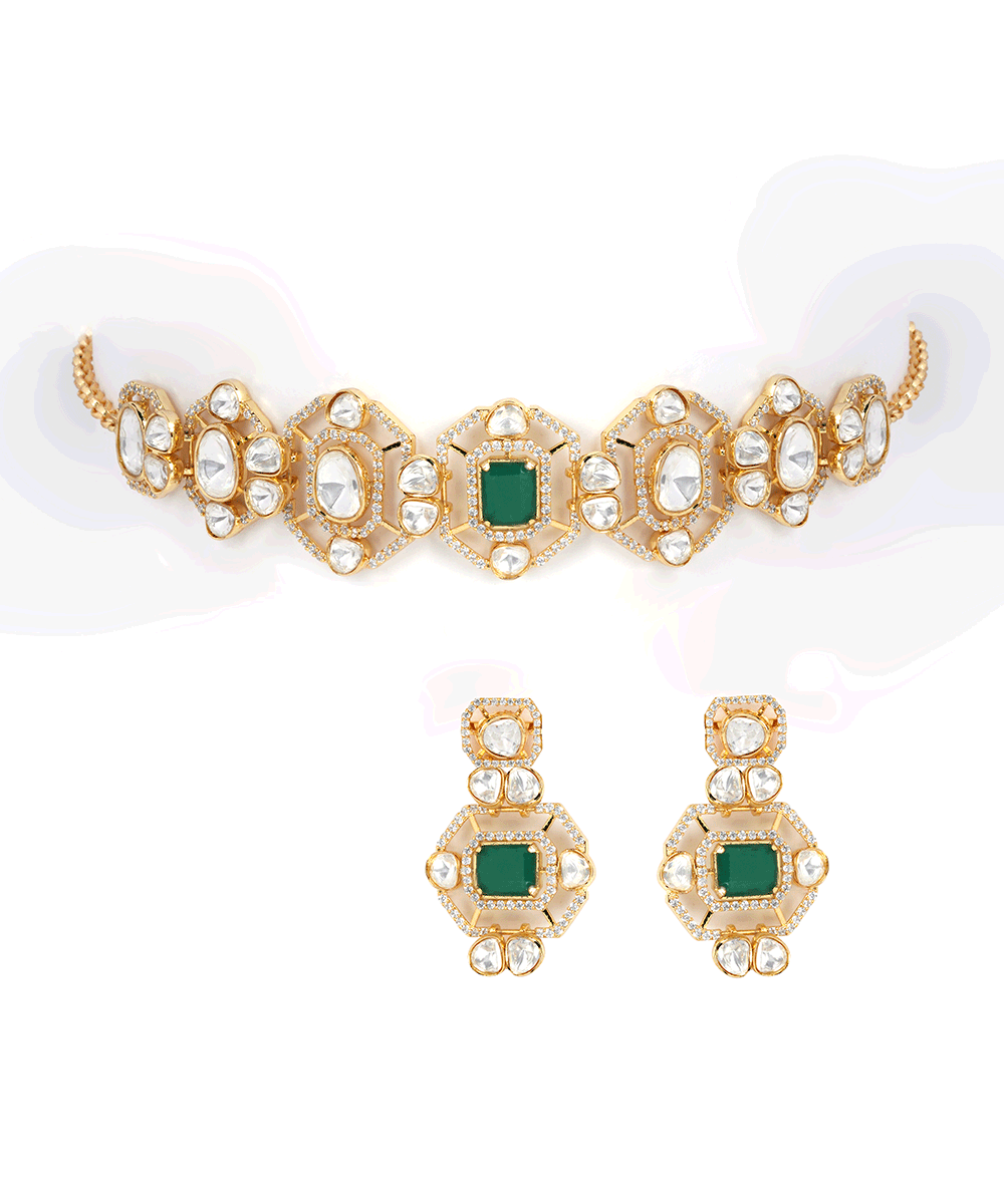 Hexagon Kundan Necklace Set with Green Stone