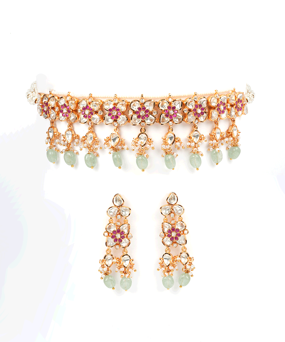 Floral Kundan Choker Set with Pastel Drop Beads