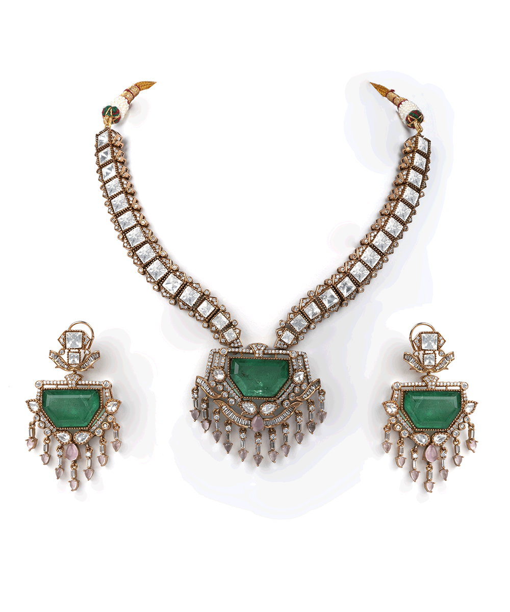 Emerald Green Polki Necklace Set